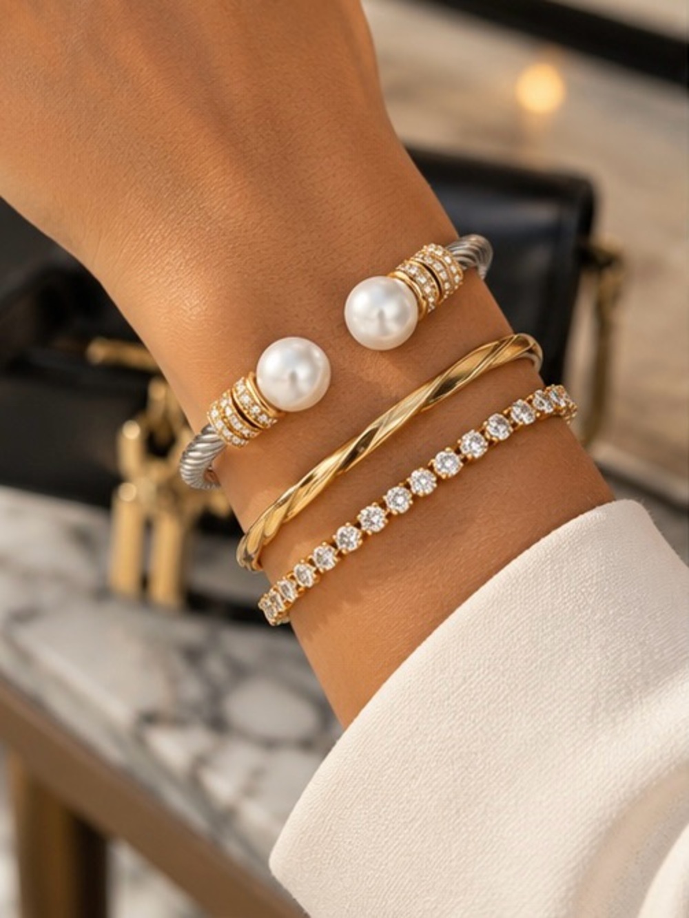 Pearl Pave Silver Cable Cuff Bracelet